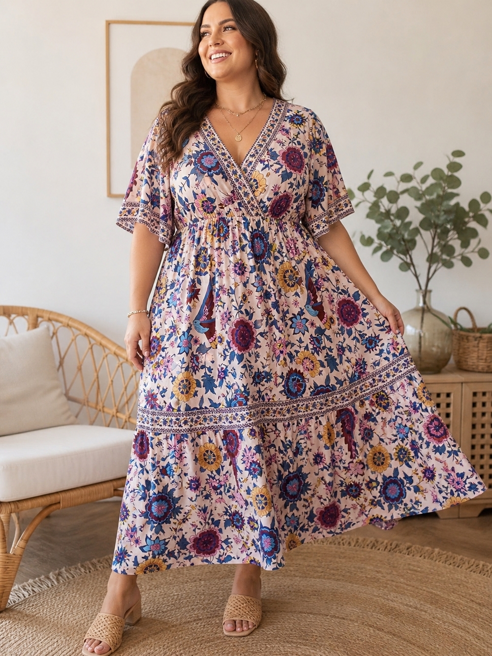 Floral V-Neck Maxi Dress in Blush Floral